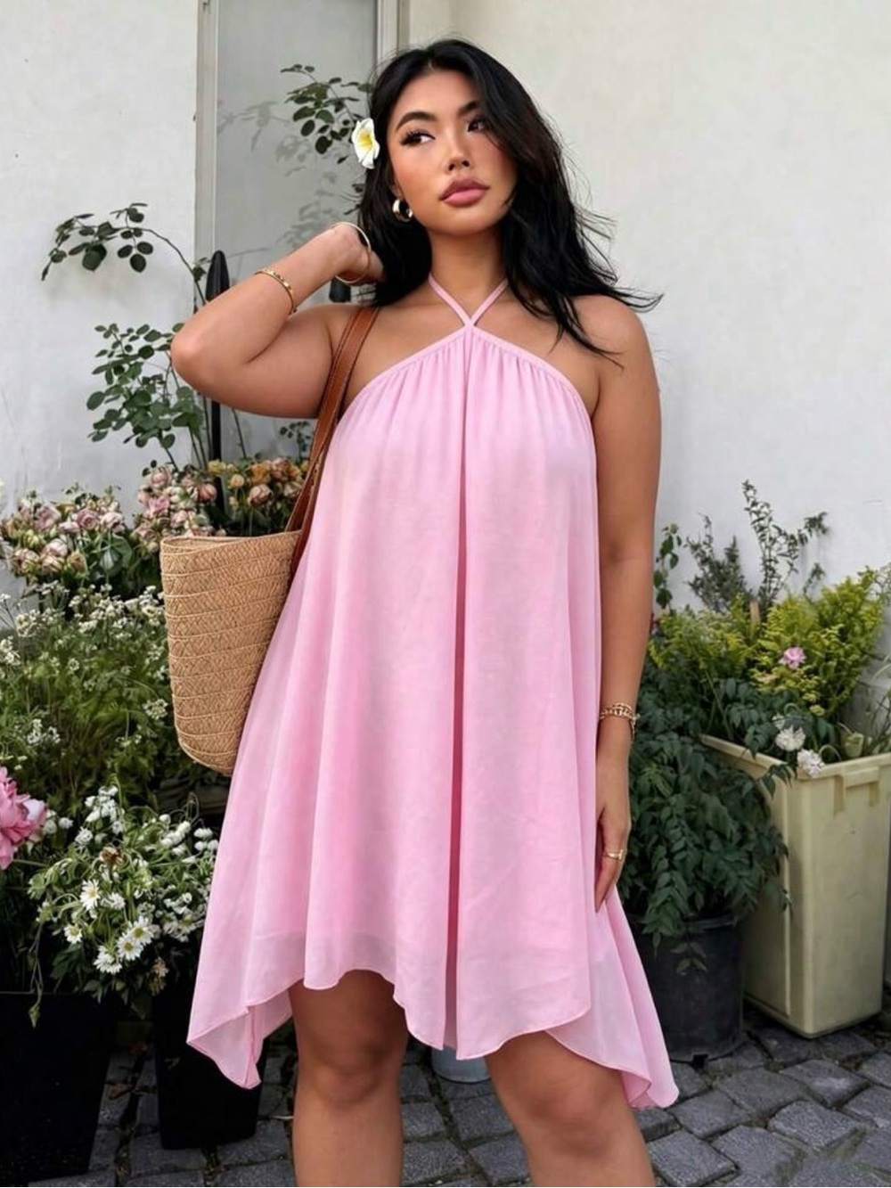 SHEIN Baby Pink Halter Open Back Flowy Mini Dress NWOT L